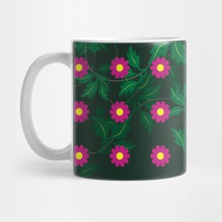 Cerise daisies with Yellow centres over layers of vine leaves on a Dark Green background Mug